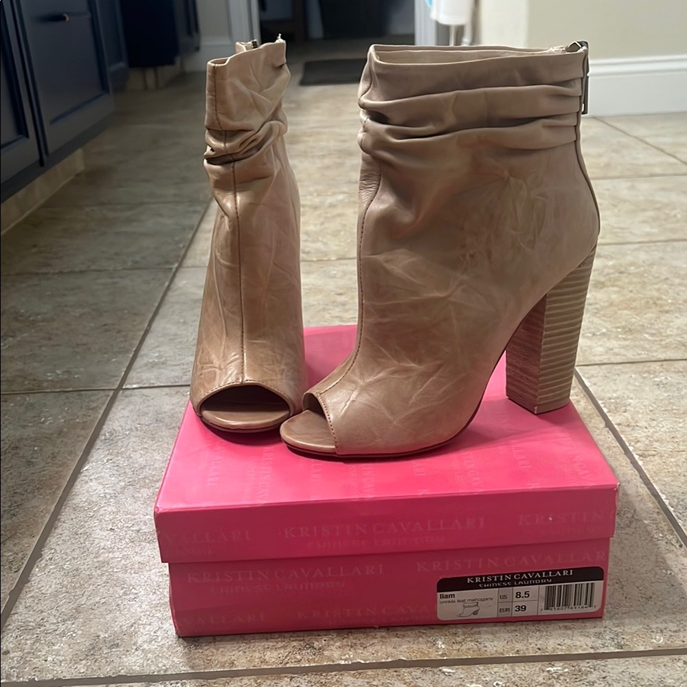 Tan Peep-Toe Ankle Boots